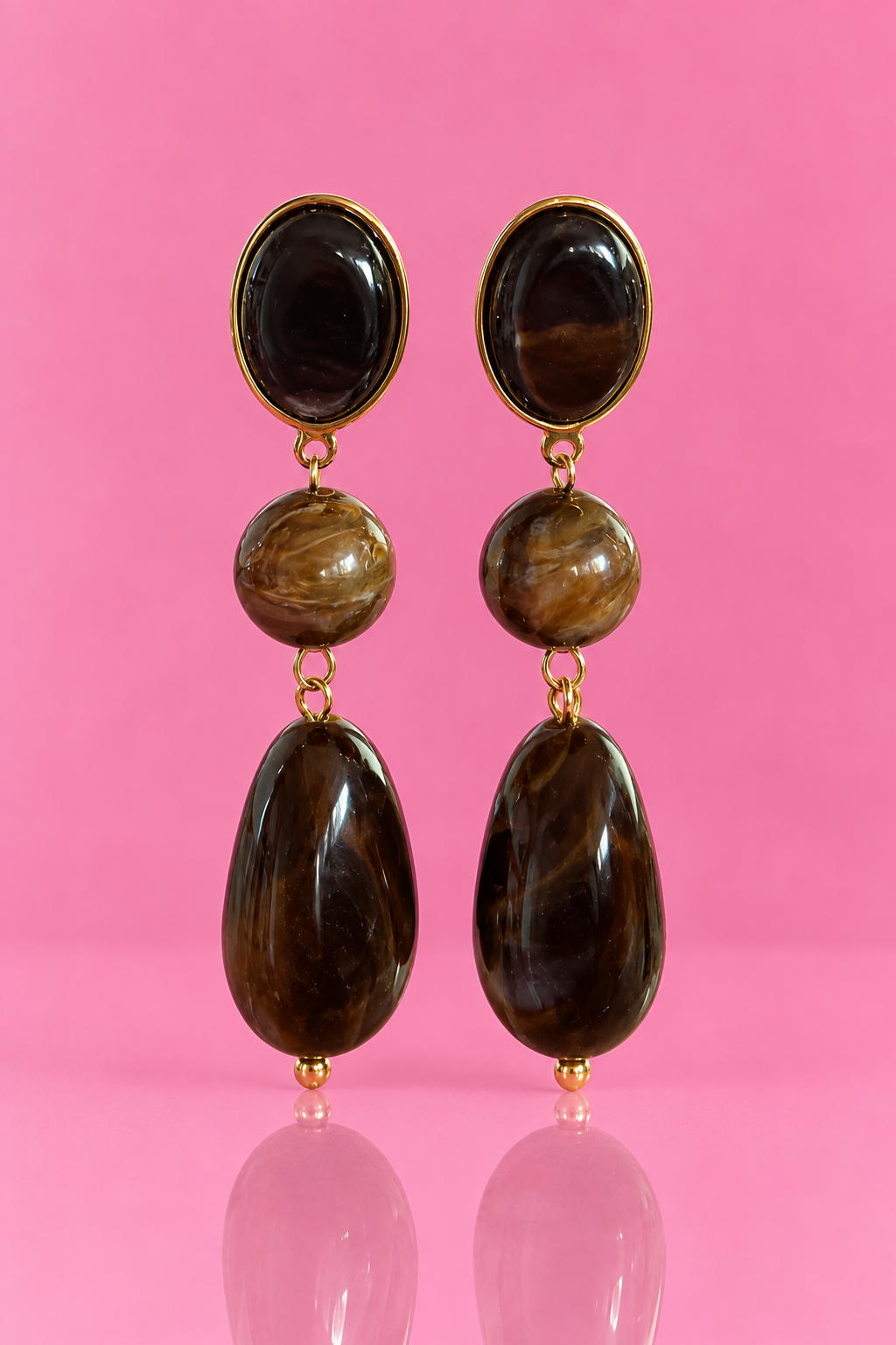 Boucles d'oreilles Margaux longues pendantes perles brunes et doré