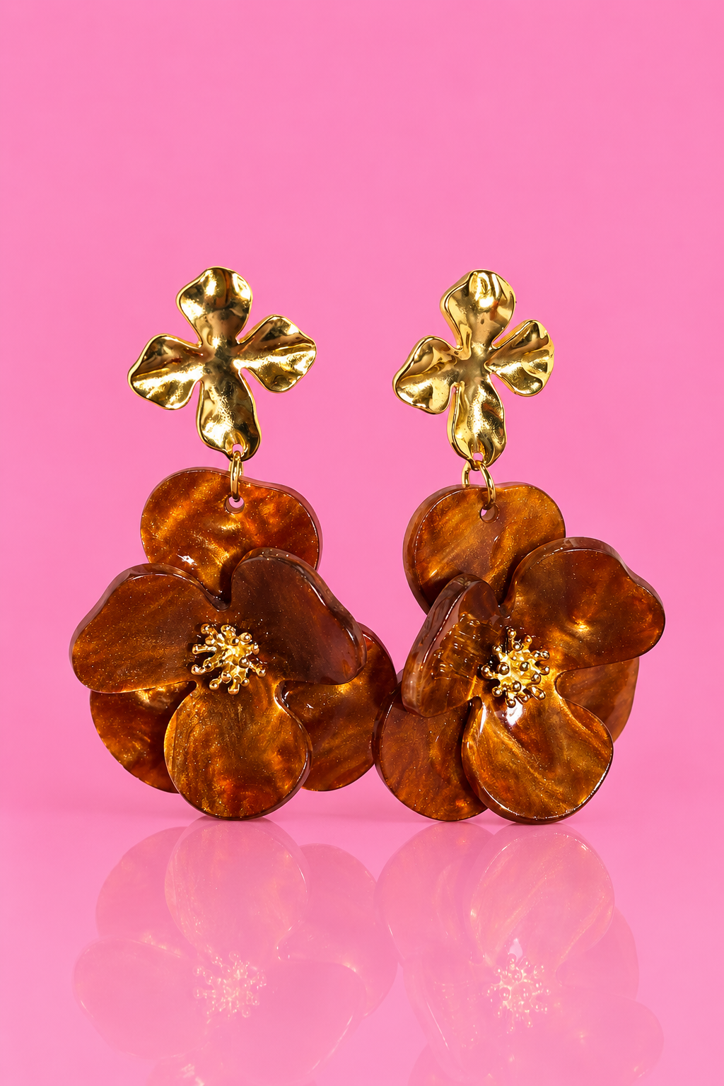 Boucles d'oreilles Pauline grande fleur caramel et trèfle doré