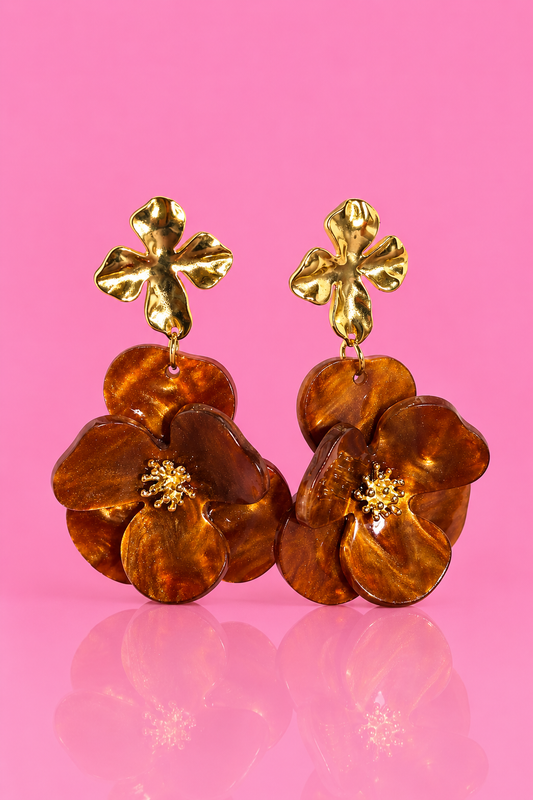 Boucles d'oreilles Pauline grande fleur caramel et trèfle doré