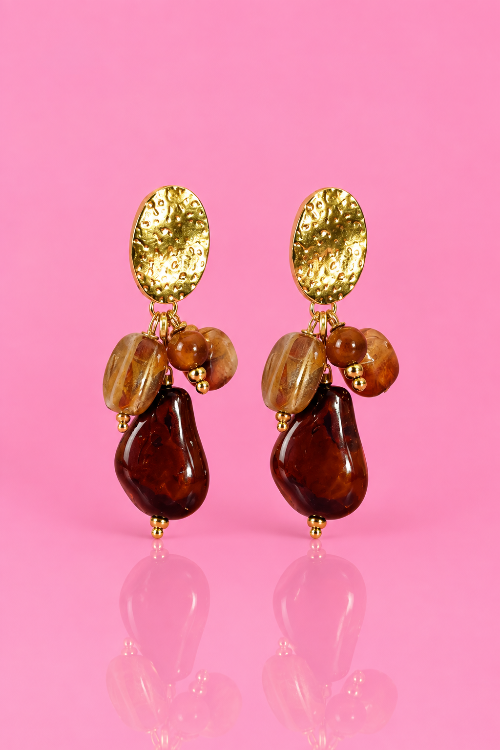 Boucles d'oreilles Élise ovale doré perles miel et goutte chocolat