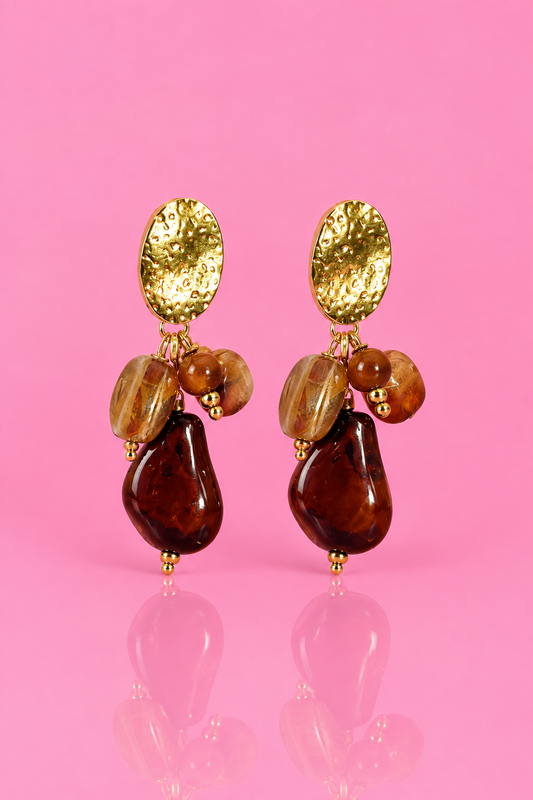 Boucles d'oreilles Élise ovale doré perles miel et goutte chocolat