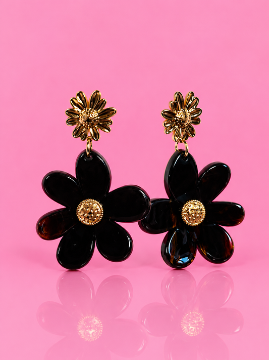 Boucles d'oreilles Colette grande fleur noire et marguerite dorée
